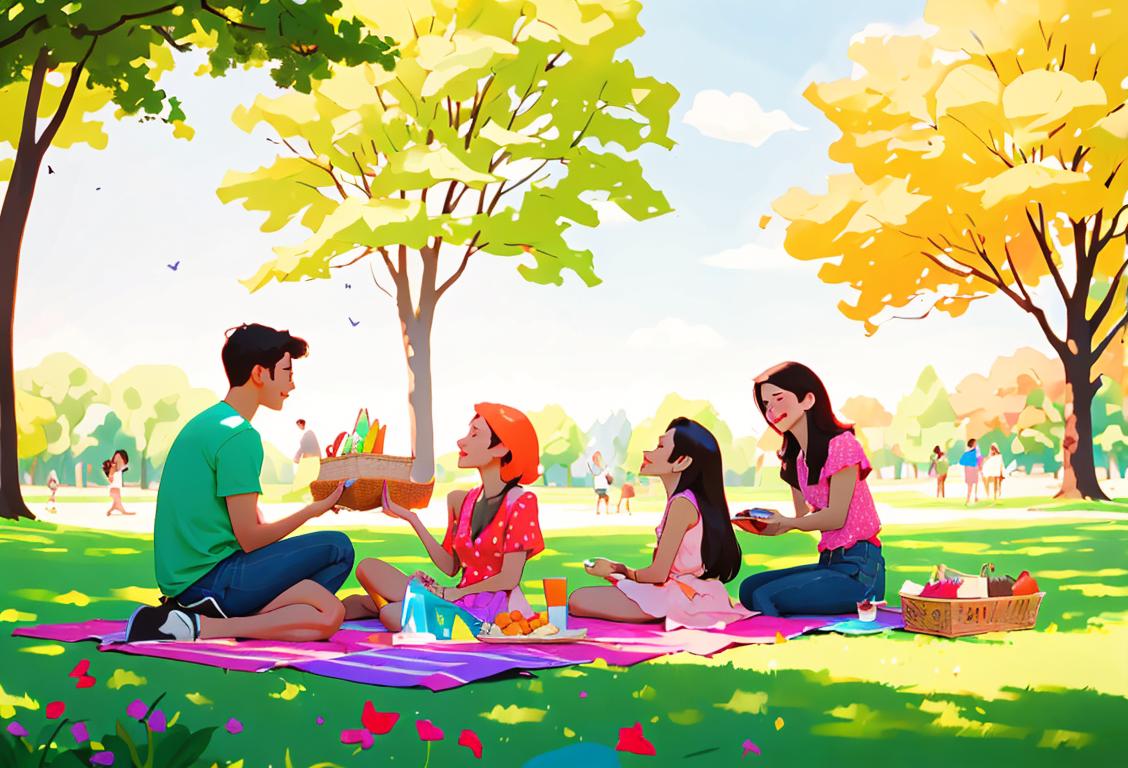 A group of friends having a picnic in a park, wearing colorful summer clothes and enjoying National Picnic Day.