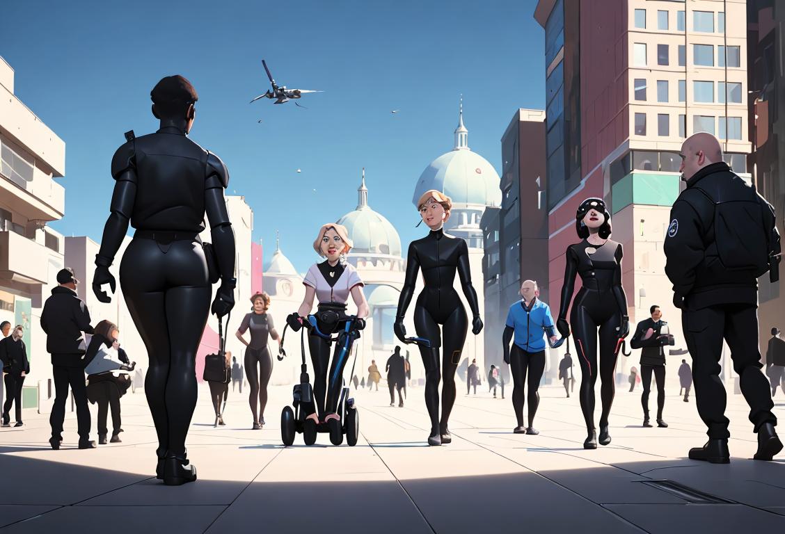 A diverse group of individuals using various assistive technologies, dressed in modern clothing, in a futuristic cityscape..