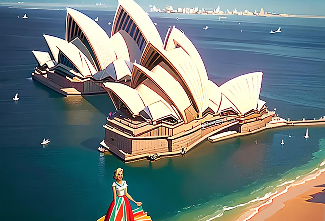 Young woman wearing a formal dress, holding an Australian flag, surrounded by iconic Australian landmarks like the Sydney Opera House and the Great Barrier Reef..