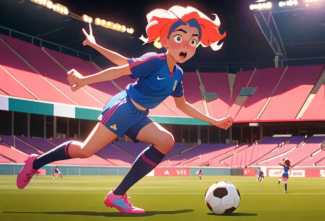 Young girl playing soccer, wearing a sports jersey, with a backdrop of cheering crowd and colorful stadium..