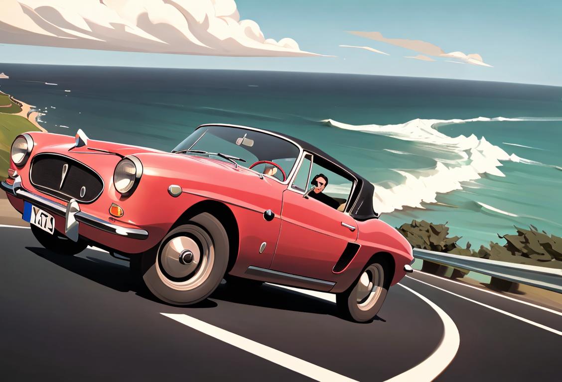 A car enthusiast confidently shifting gears in a vintage sports car, wearing a retro racing outfit, on a scenic coastal road..
