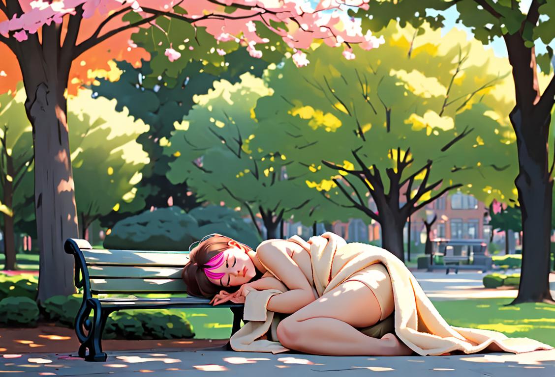 Lovely person napping peacefully on a park bench, wrapped in a cozy blanket, surrounded by gentle nature..