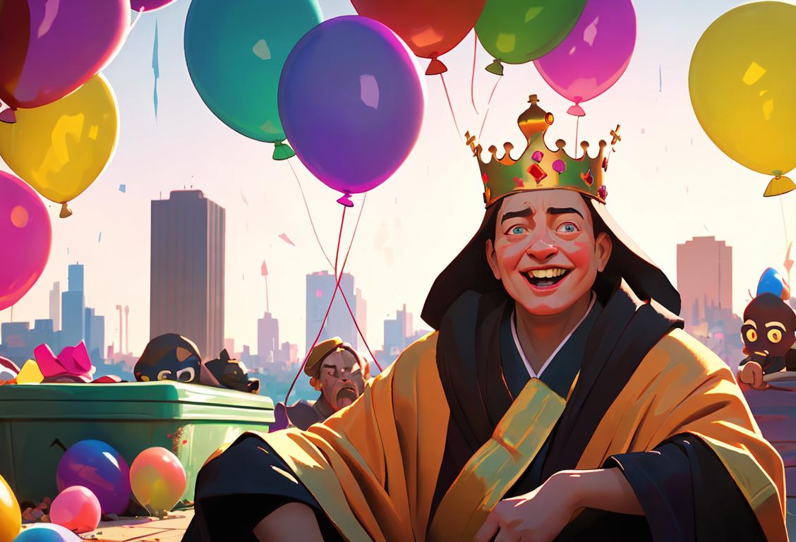 Happy individuals wearing trash crown and robe, surrounded by colorful balloons, urban cityscape backdrop..