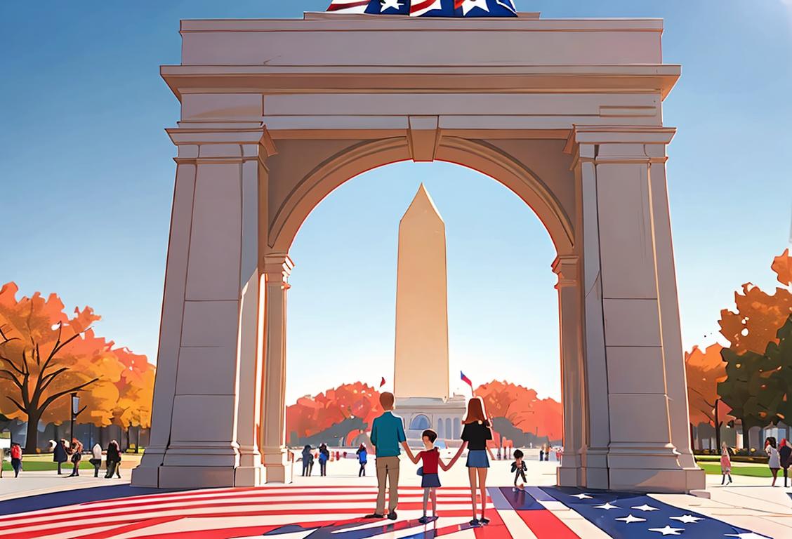 A family with kids standing outside the National Mall entrance, wearing patriotic outfits, holding American flags..