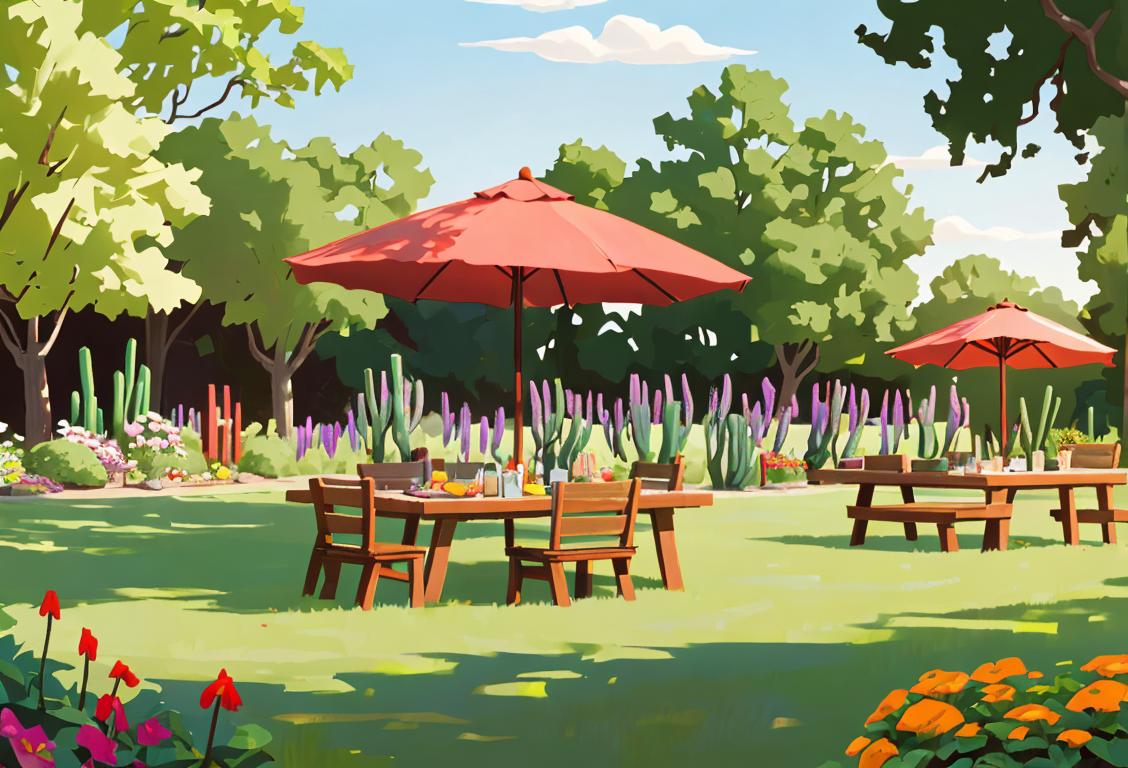 A group of colorful pickles standing tall on a picnic table, with a vibrant summer garden in the background..