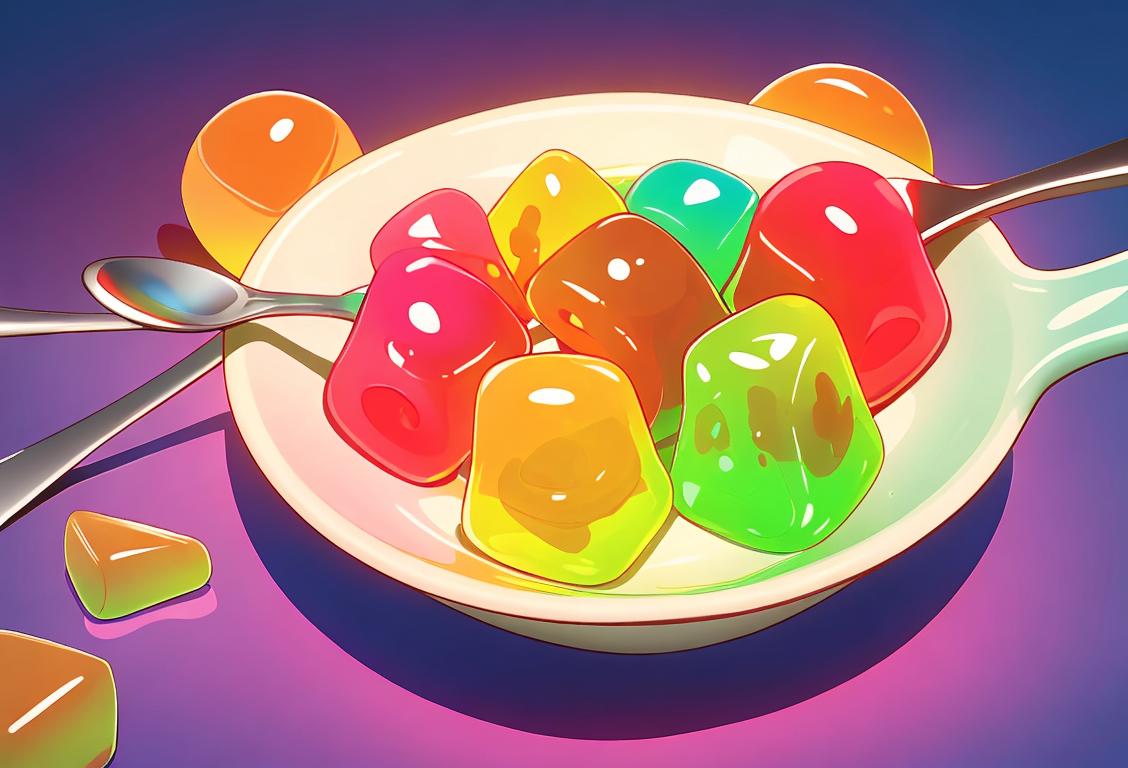 Colorful jello cubes arranged in a wiggly, playful pattern. A spoon is about to dig in, surrounded by cheerful kids in retro 60s fashion..