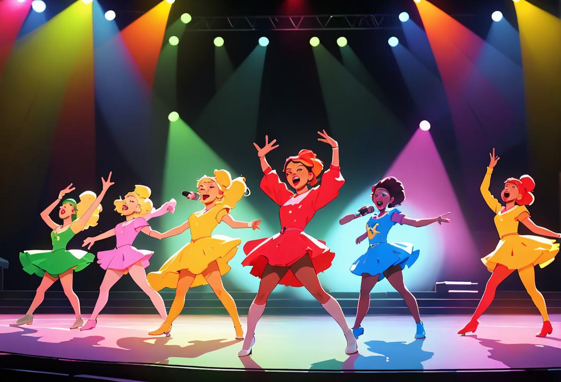 A diverse group of people singing and dancing in a national stadium, dressed in various colorful outfits, surrounded by bright stage lights..