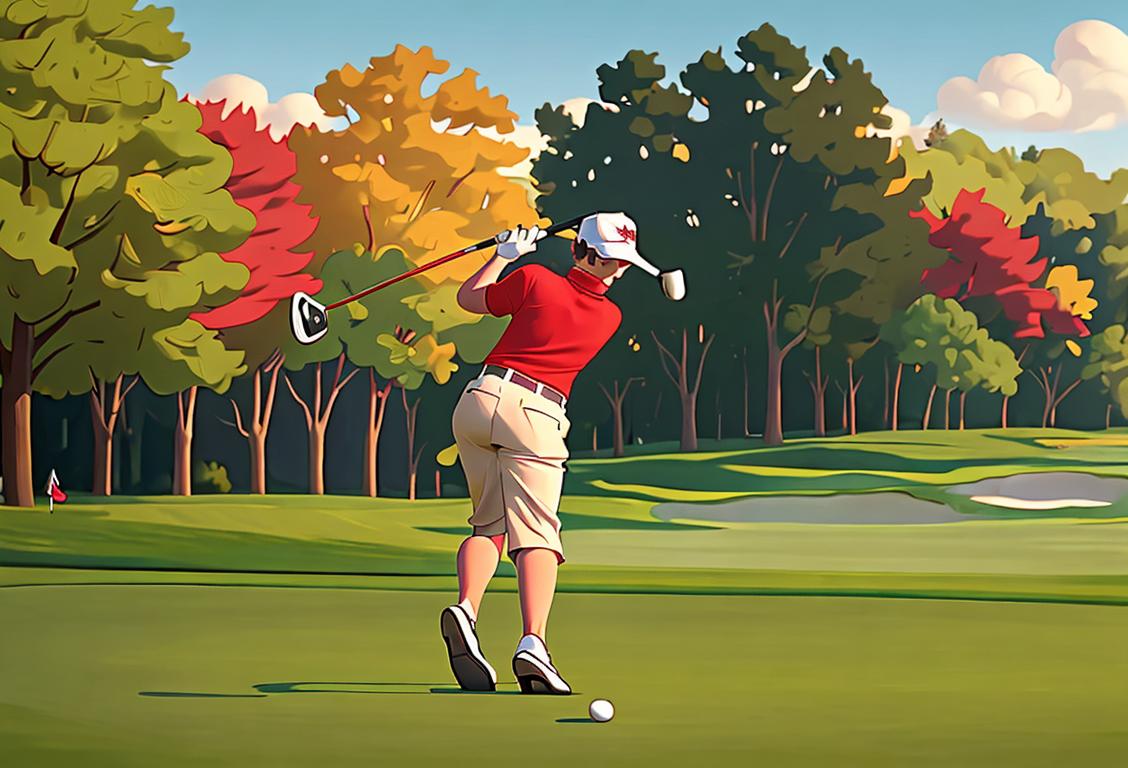 A joyful golfer wearing a red cap and polo shirt, swinging a club under the sunny skies of the National Golf Club in Virginia, surrounded by lush green fairways..