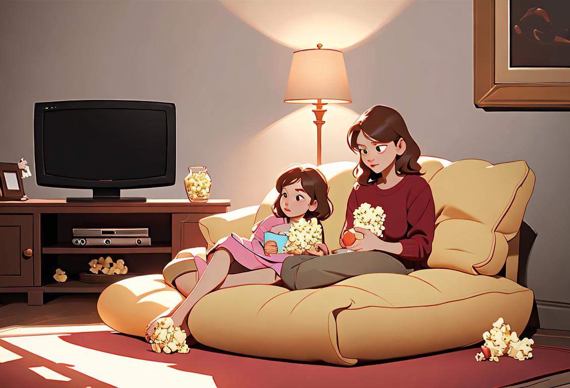 A family sitting on a cozy couch, surrounded by pillows and blankets, with a bowl of popcorn, engrossed in a TV show marathon. Warm lighting, comfortable attire, homey living room setting..