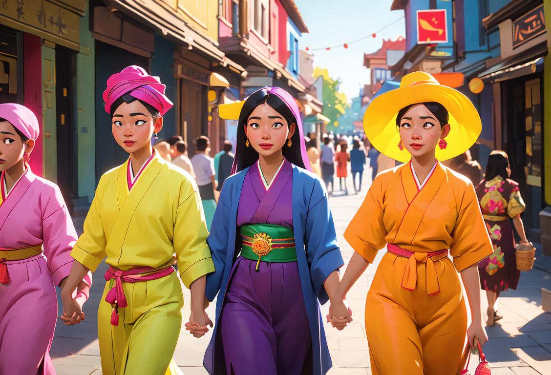 A diverse group of people from different cultures holding hands, wearing colorful traditional clothing, in a vibrant city setting..