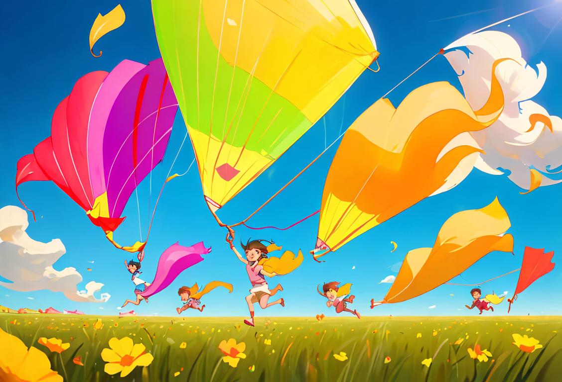 A group of children running in an open field, holding colorful kites with tails flowing behind them, under a bright blue sky..
