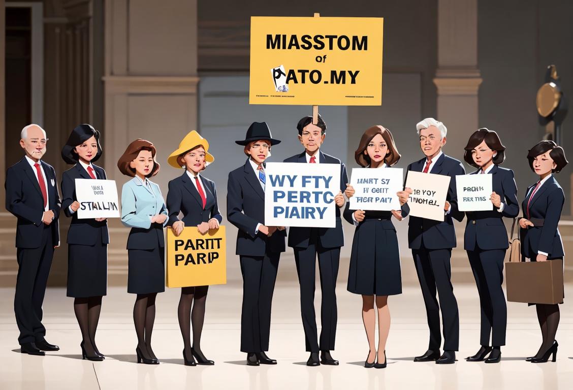 A diverse group of people, dressed in professional attire, standing together in front of a scale symbolizing equal pay and holding signs advocating for fair compensation..