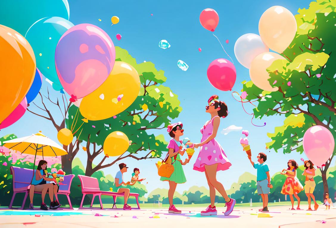 A group of people enjoying colorful and delectable ice cream cones in a vibrant park on a sunny day, dressed in summery outfits, surrounded by playful balloons..
