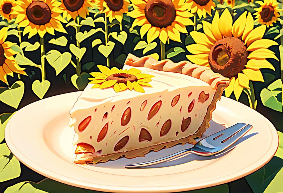 Slice of pie being shared between generations, picnic setting, vibrant summer clothing, sunflowers in the background..