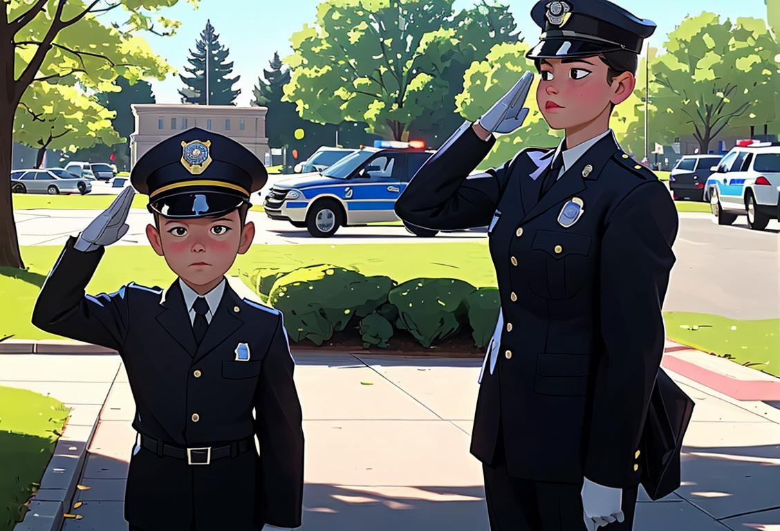 Young child dressed as a police officer, saluting in front of a police car, community park setting..