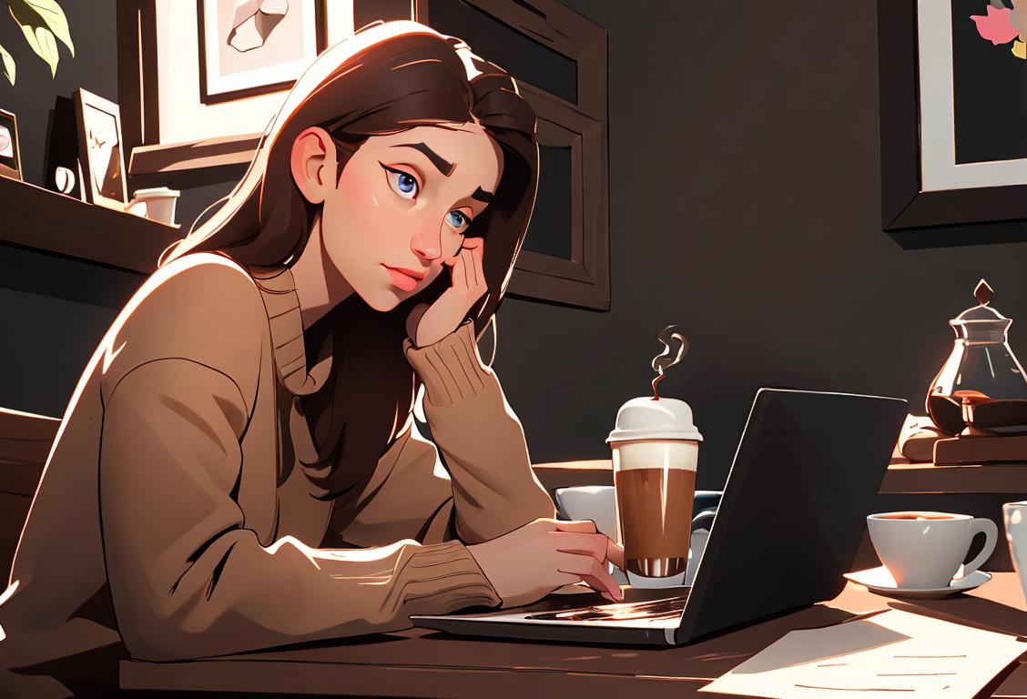 A person working on a laptop, dressed comfortably, with a warm cup of coffee in a cozy coffee shop or at home..