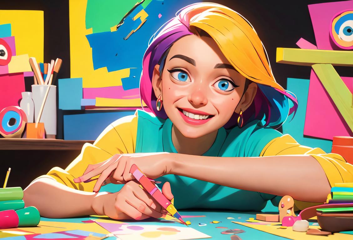 A person, dressed in vibrant colors and surrounded by an assortment of crafting materials, creating a beautiful masterpiece with a smile on their face..