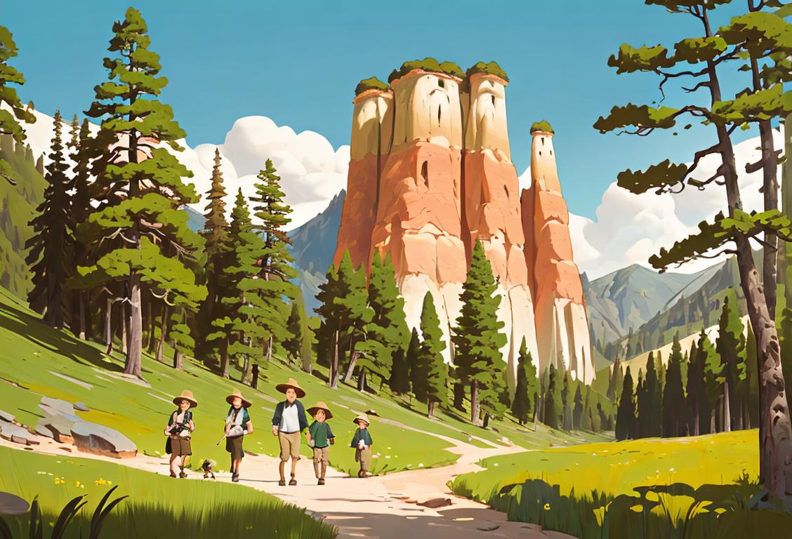 Family hiking in a national park, wearing wide-brimmed hats, outdoor adventure gear, surrounded by towering trees and fossil-rich terrain..
