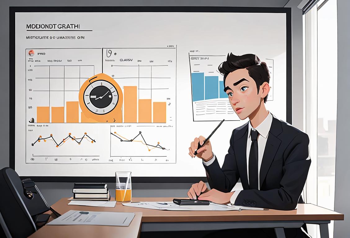 Young professional in modern office attire, holding a stopwatch, surrounded by charts and graphs, with a motivational poster in the background.