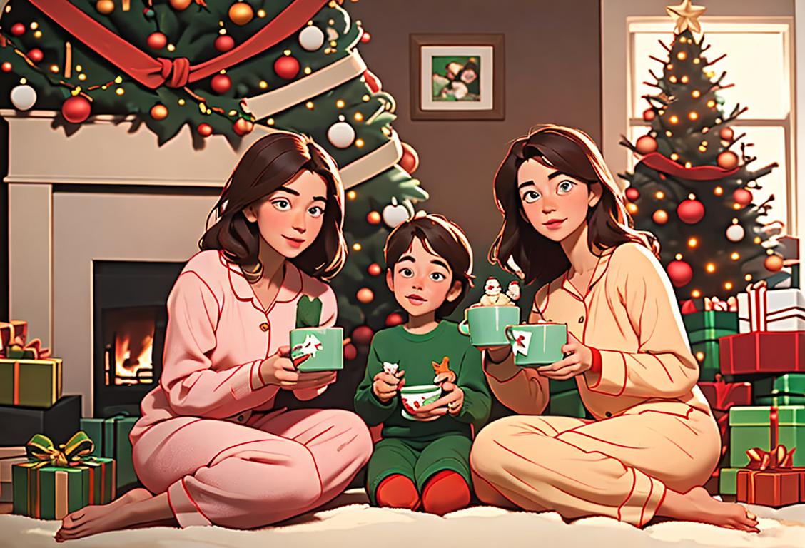 Young family sitting in front of a beautifully decorated Christmas tree, wearing cozy pajamas, surrounded by wrapped presents and hot cocoa mugs..