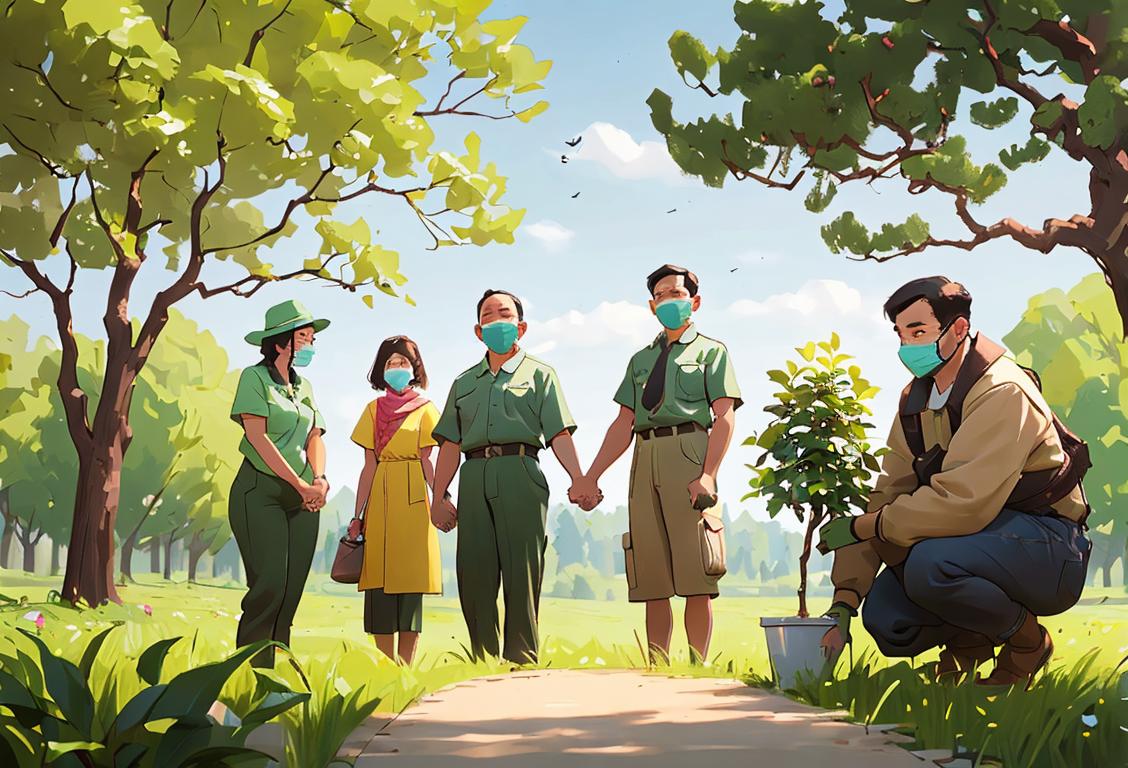 A group of diverse individuals wearing protective masks, holding hands and planting trees together in a beautiful natural setting..