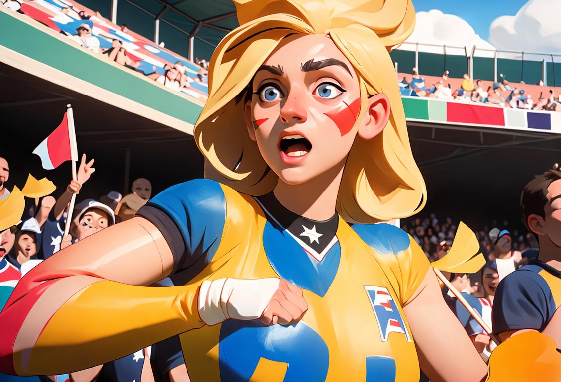 Excited fans in jerseys and face paint cheering at a crowded stadium, holding flags and foam fingers..