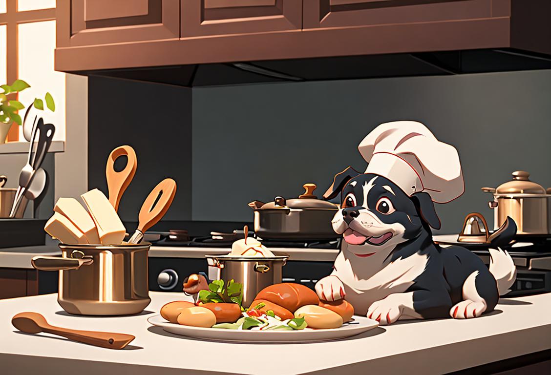Adorable dog in chef's hat, surrounded by cooking ingredients and utensils, in a cozy kitchen setting..