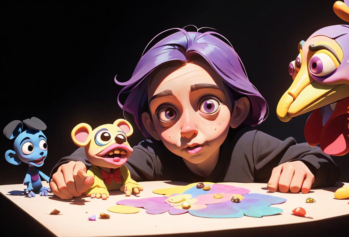 A child puppeteer with colorful puppets in a whimsical theater, surrounded by a magical forest..