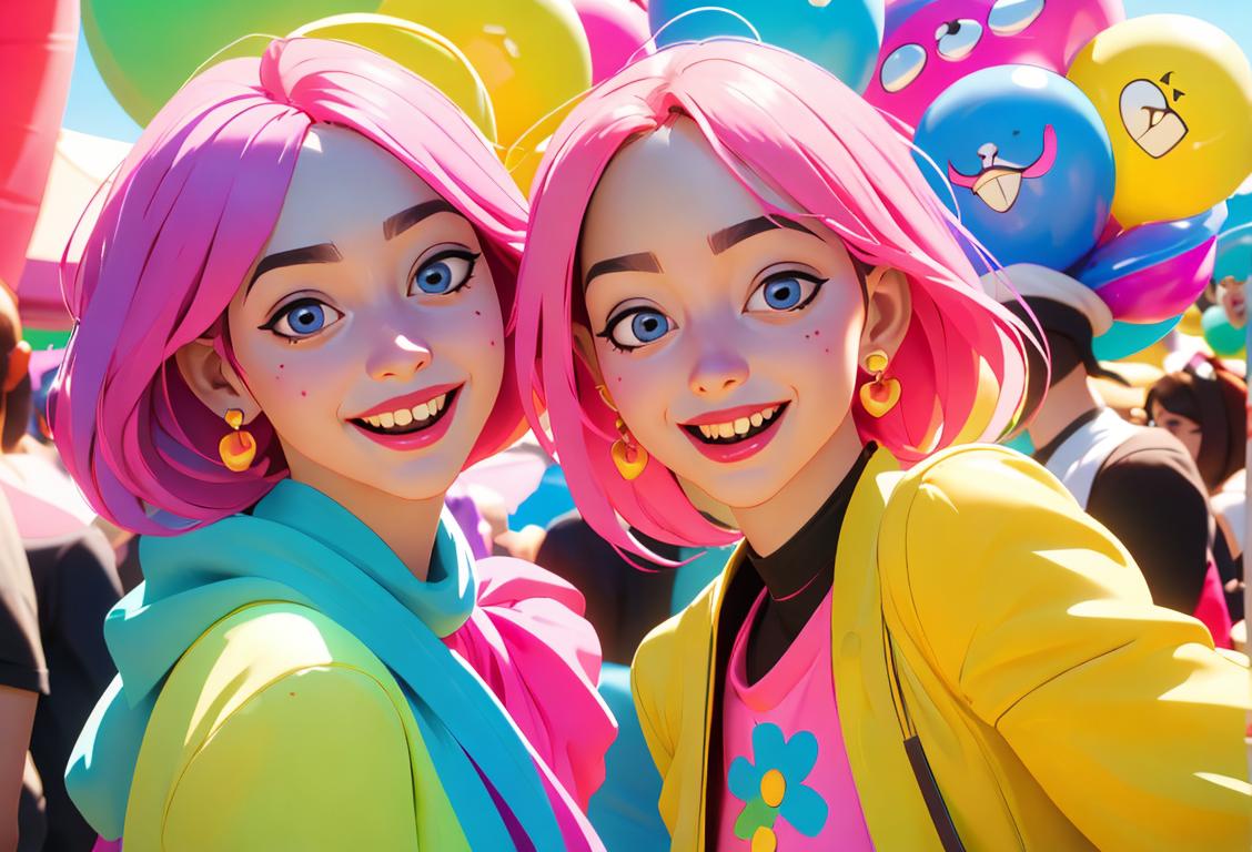 Joyful young people dressed in vibrant attire, having fun with Vivi-inspired fashion, surrounded by a lively and colorful festival atmosphere..