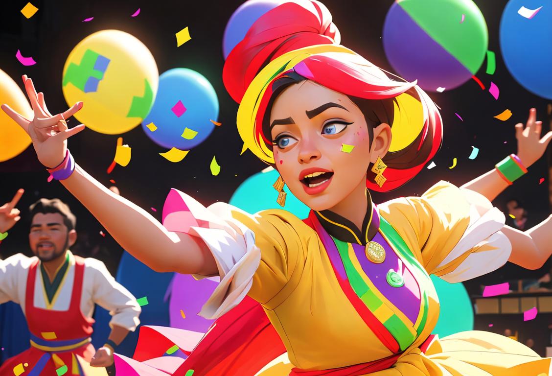 Group of diverse people from around the world, wearing vibrant traditional clothing, dancing and celebrating with colorful confetti..