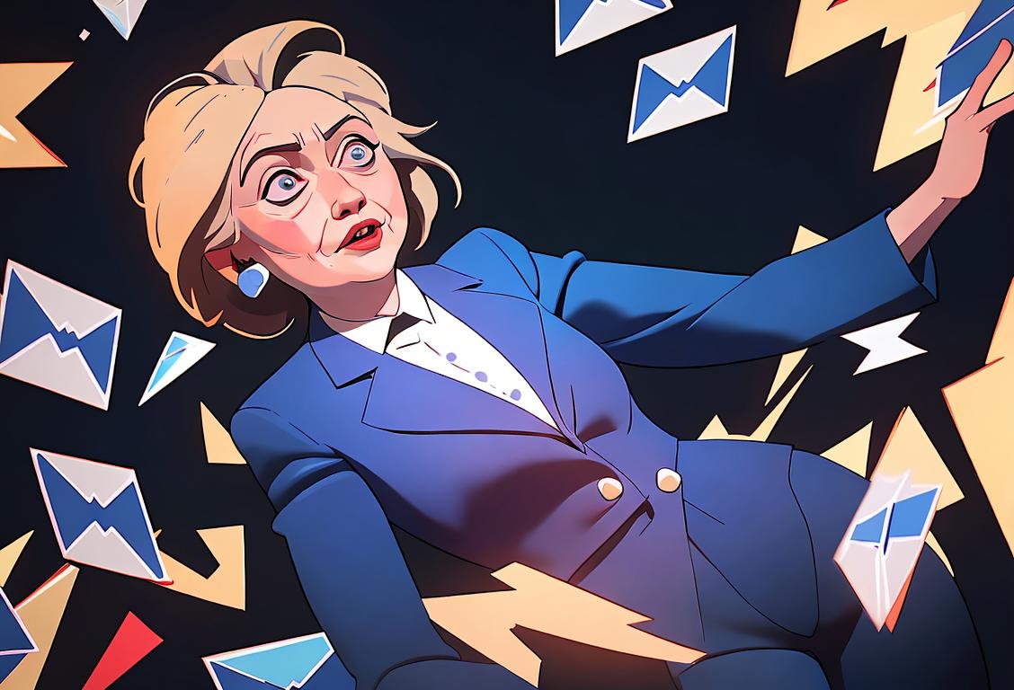 A charming illustration of Hillary Clinton in her iconic pantsuit, surrounded by email servers and the sound of rustling pantsuits, capturing her online presence..