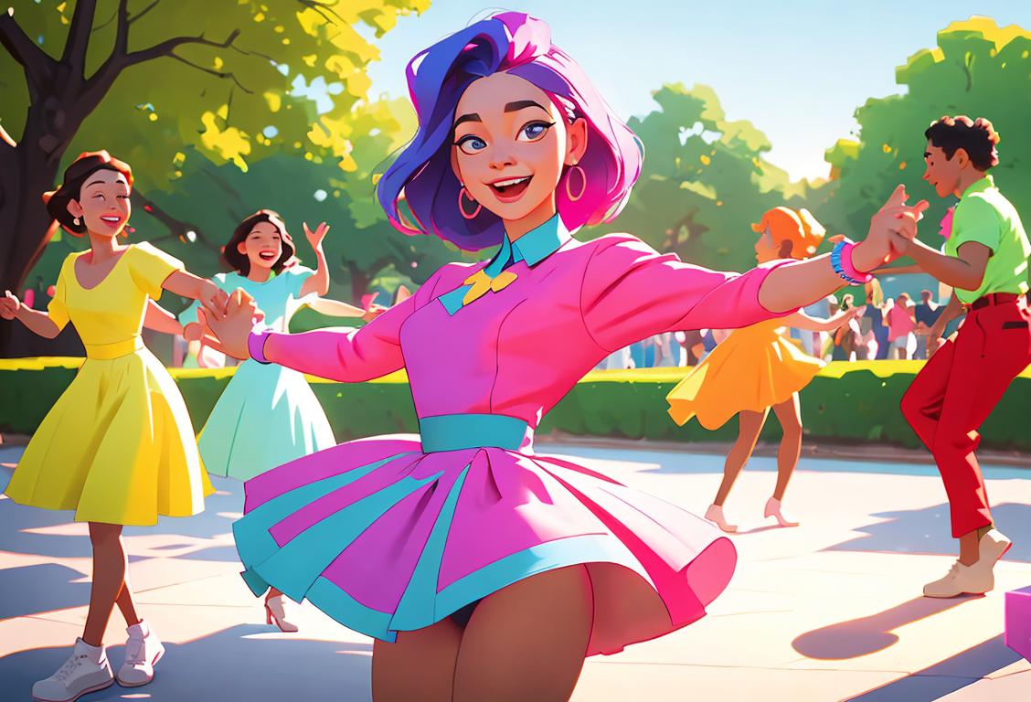 Young woman wearing a colorful dress, dancing with excitement, surrounded by a group of diverse friends, outdoor park setting..