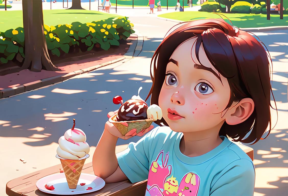 Young child, wearing an ice cream print t-shirt, sitting in a sunny park, enjoying a heavenly hash sundae with a cherry on top..