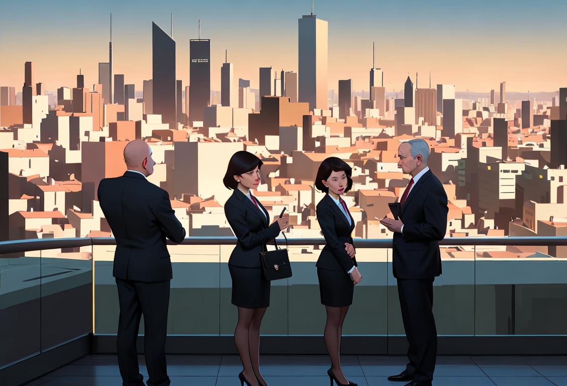 A diverse group of national security advisers in professional attire, standing against an urban cityscape backdrop, discussing strategies and holding briefcases..
