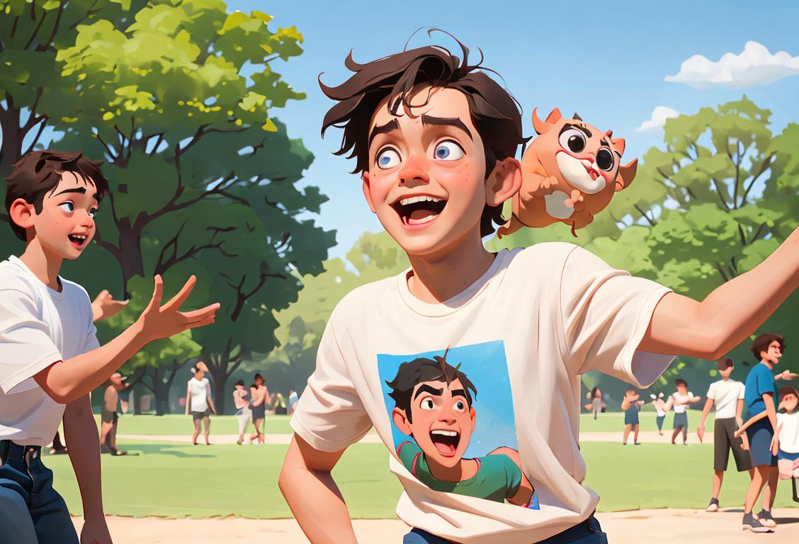 Young person wearing bofa T-shirt, standing in a park surrounded by laughing friends, capturing the essence of this hilarious internet-inspired day..