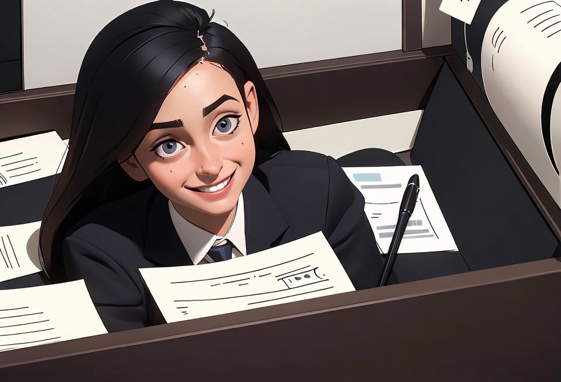 Dedicate National Cubicle Day with an image of a smiling person, dressed smartly in business attire, working in a tidy, organized cubicle environment..