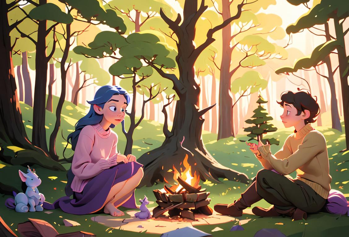 A whimsical scene of a person in a cozy sweater, sitting by a campfire, surrounded by a forest full of fairy tale creatures like unicorns and talking animals..