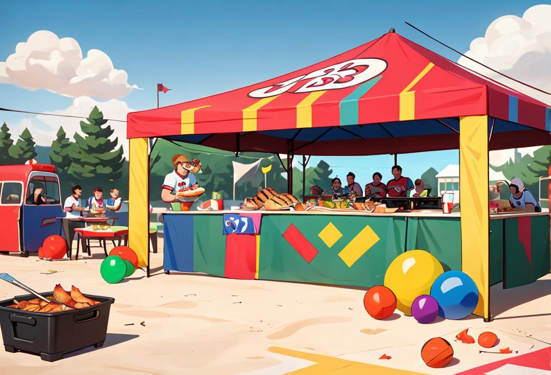 Group of friends grilling food, wearing team jerseys, surrounded by colorful decorations, vibrant outdoor scene with sports equipment..