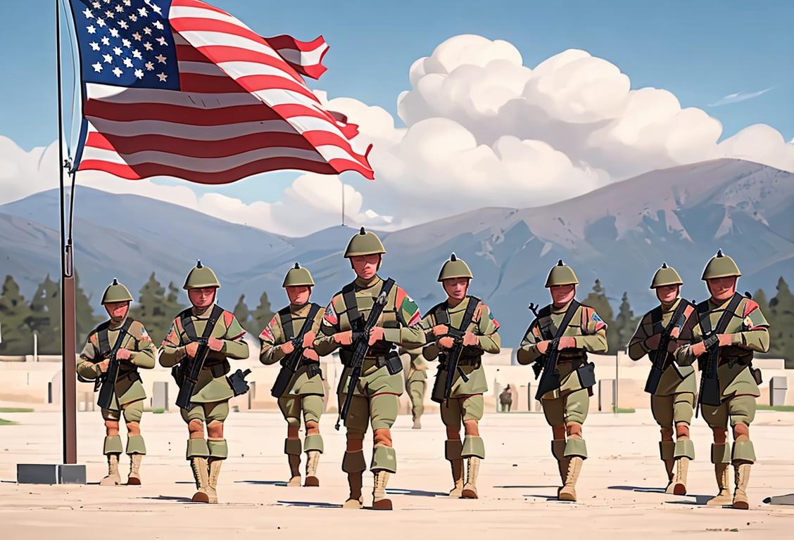 A group of National Guard soldiers in uniform, standing together with American flag backdrop, showing camaraderie and dedication to service..