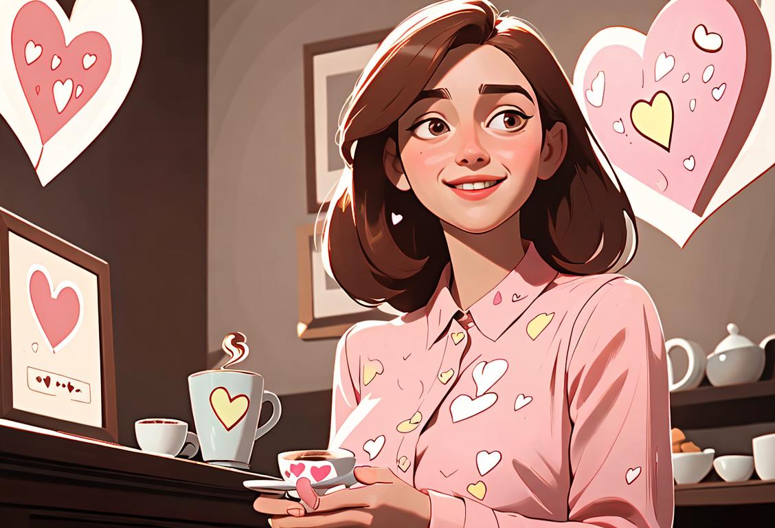 A young woman with a gentle smile, wearing a heart-printed blouse, surrounded by floating hearts and a cozy coffee shop backdrop..