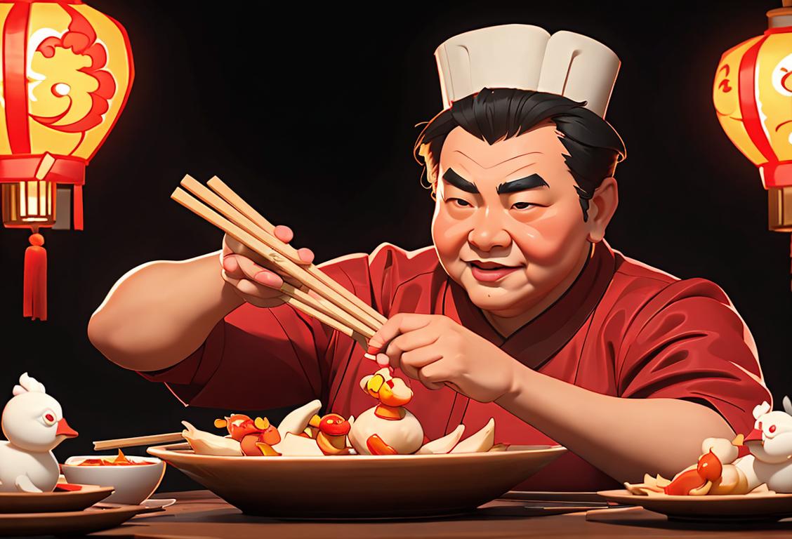 A chef expertly slicing and serving crispy Peking duck, in a vibrant Chinese restaurant, surrounded by red lanterns and chopstick-adorned tables..