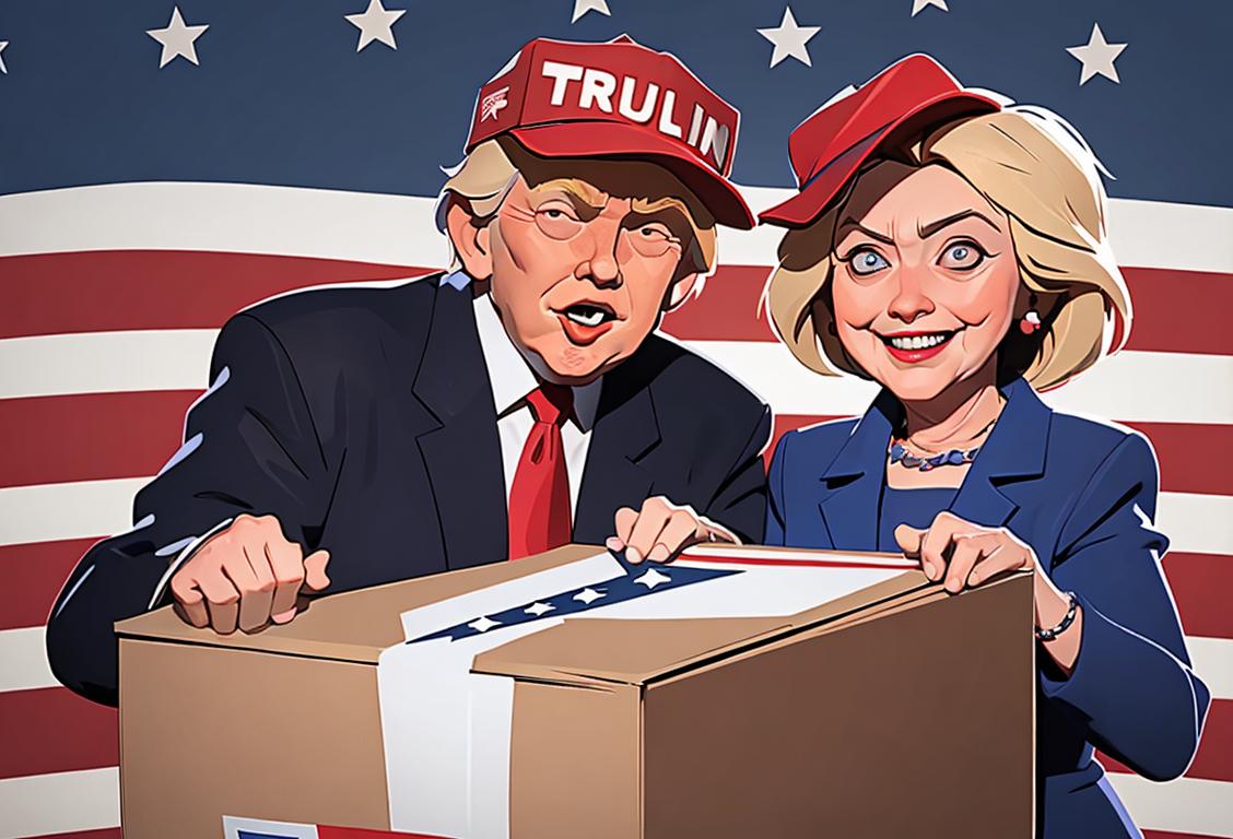 Illustration of two smiling people, one wearing a Clinton shirt and the other wearing a Trump hat, standing beside a ballot box on an Election Day backdrop..