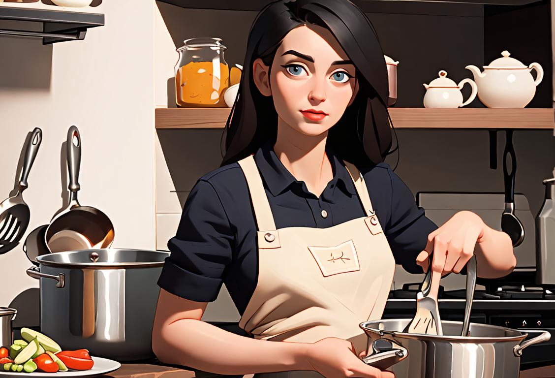 A person wearing an apron, holding a cooking pot, surrounded by a kitchen filled with delicious ingredients and utensils..