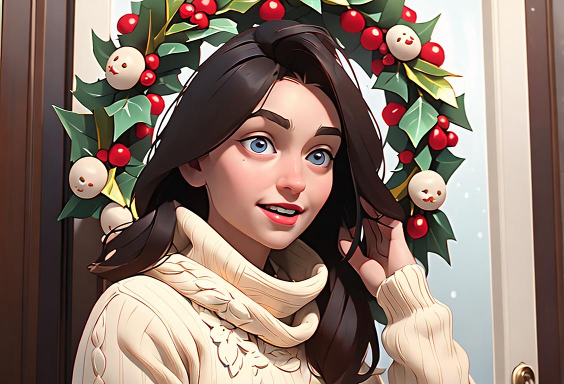 Joyful person hanging a wreath on a front door, wearing a cozy sweater, winter scene with snowflakes falling..