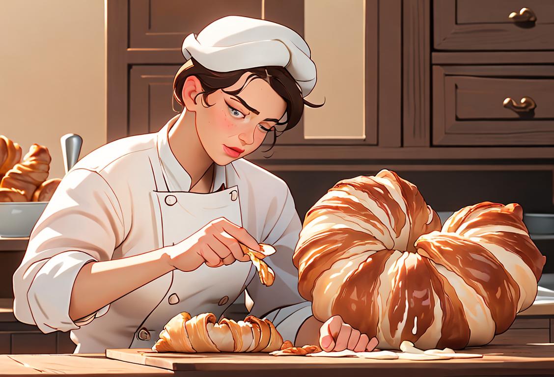Baker with flour-covered hands placing a freshly baked croissant on a rustic wooden table, French countryside backdrop, wearing a chef's hat..