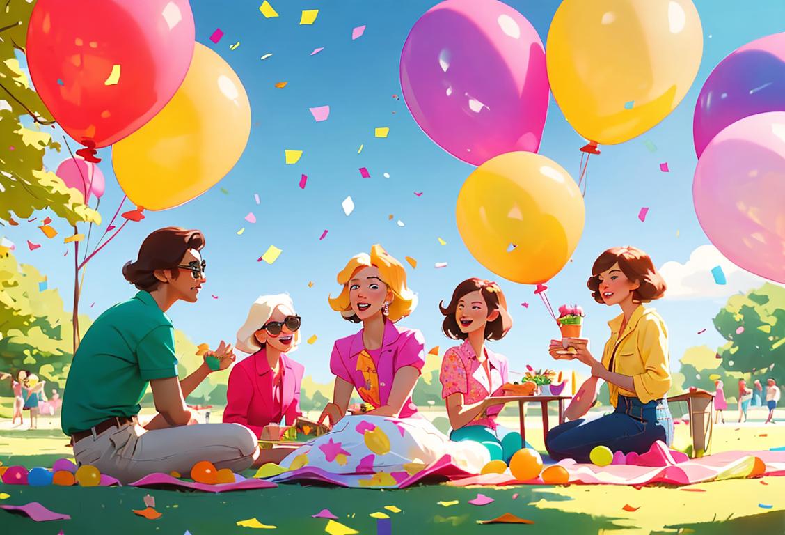 Group of diverse friends having a picnic in a sunny park, wearing colorful clothes, 70s fashion, surrounded by balloons and confetti..