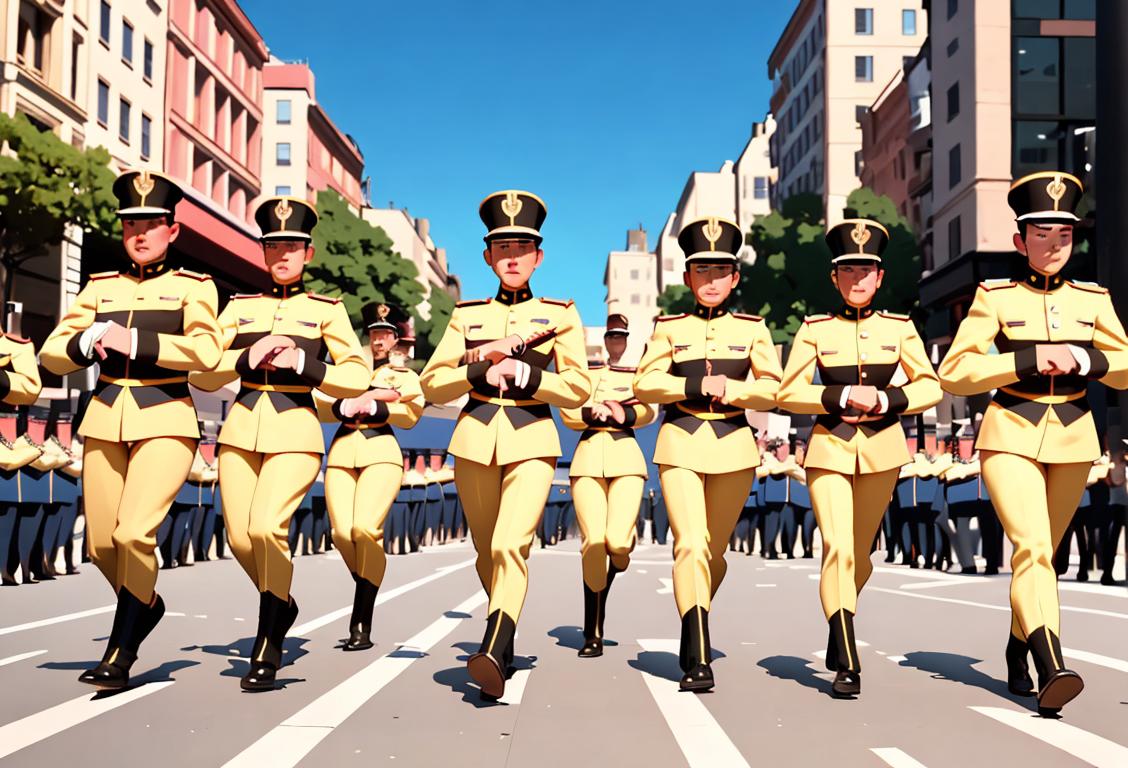 Group of people dressed in vibrant uniforms, marching in sync, showcasing their energetic footwork and creating a visually stunning display in a city parade..