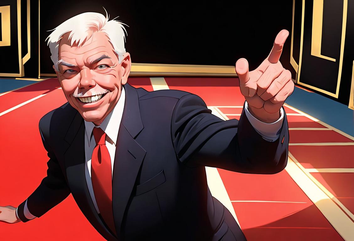 Tom Atkins, a legendary actor, wearing a classic suit, smiling brightly in a red carpet setting with fans cheering..