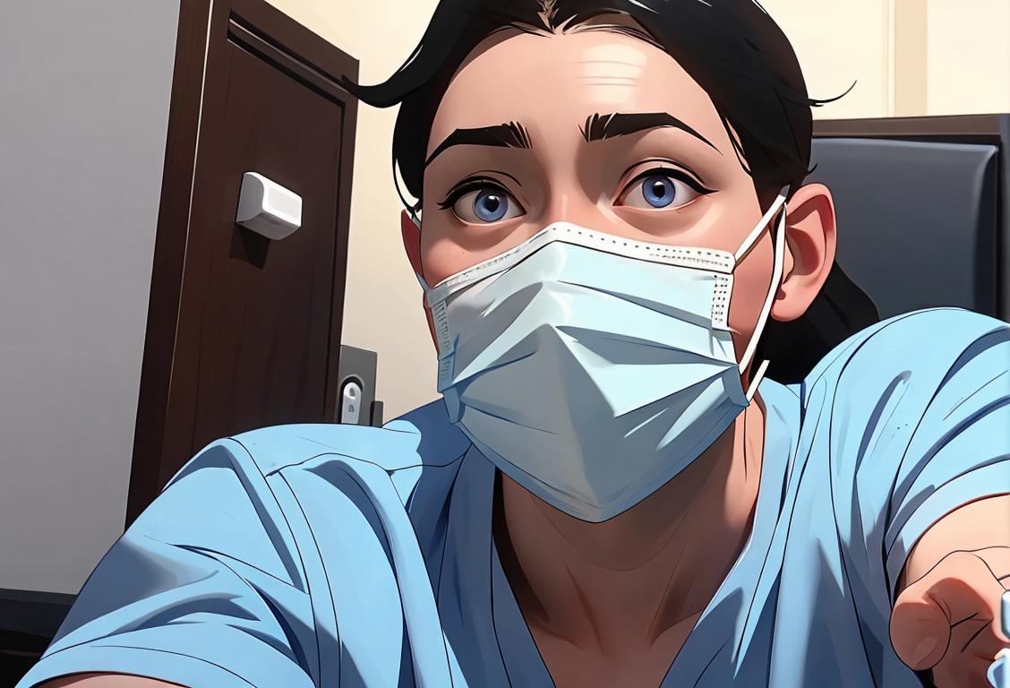 A friendly healthcare worker giving a thumbs up, wearing a mask and protective gear, hospital setting, bustling with activity..