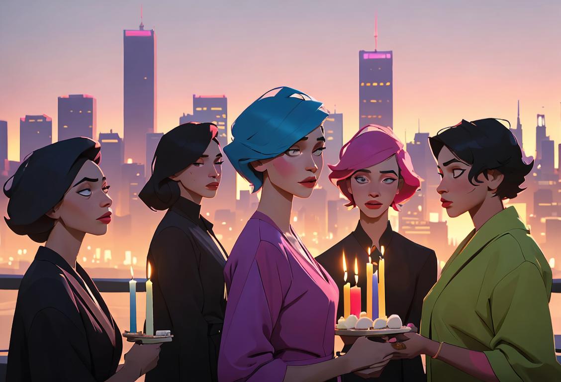 A group of diverse transgender individuals holding candles, wearing colorful and expressive clothing, with a backdrop of a peaceful city skyline at dusk..